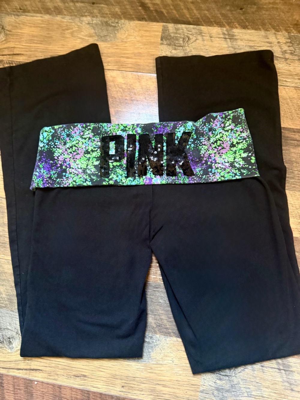 PINK Foldover Waist Yoga Pants - Black with Neon Splatter Size Medium